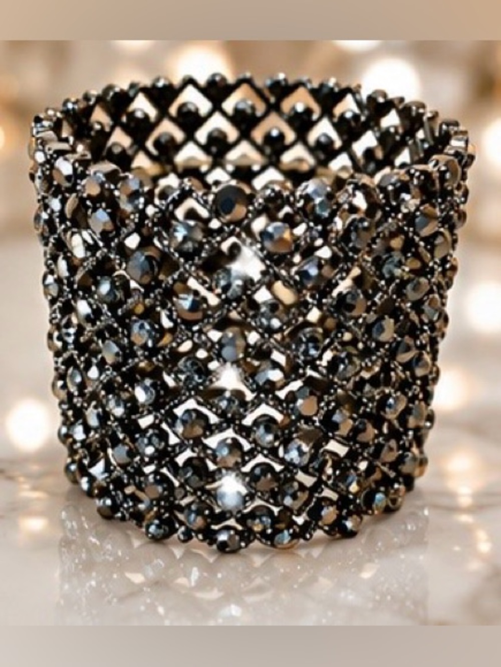 Silver Crystal Stretch Bracelet Rhinestone Wide Statement Cuff - Picture 3 of 8